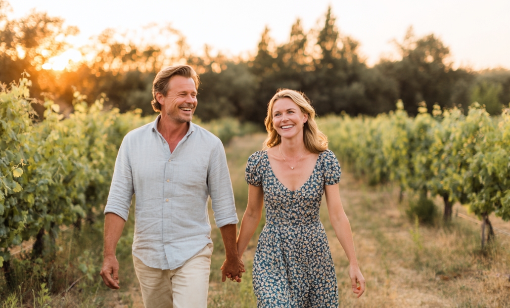 Husband and wife looking happy while holding hands.