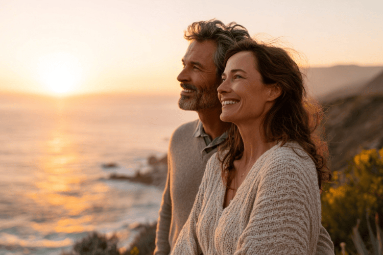 A happy couple standing by the ocean, relaxed and smiling, symbolizing confidence and hope for future fertility.