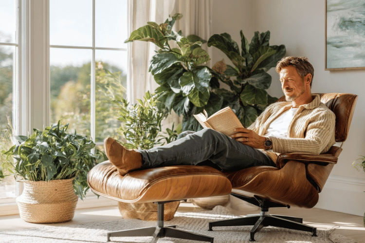 Man relaxing in chair reading at home as part of recovery routine during sermorelin therapy