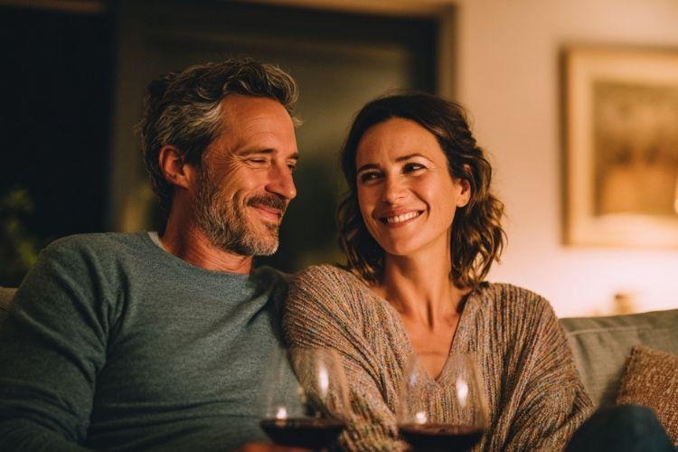 Couple relaxing together, representing improved sleep quality, hormone balance, and overall vitality in men undergoing hormone therapy.