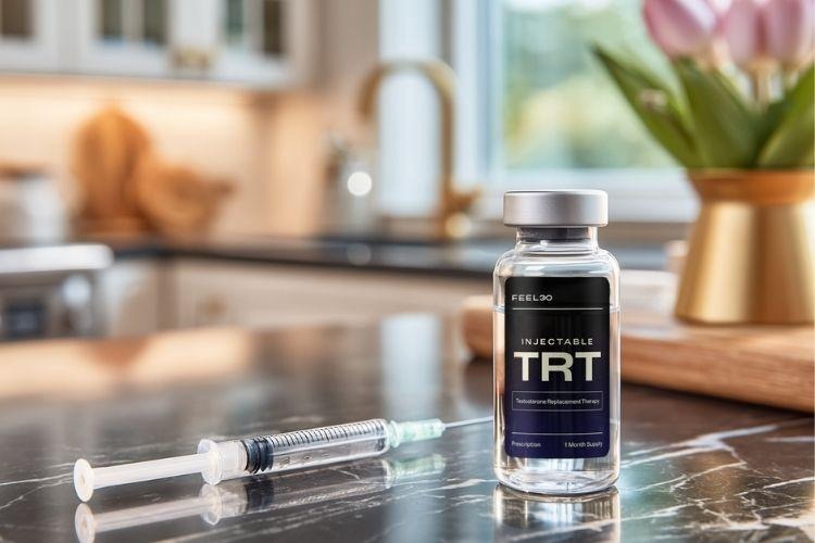 Injectable TRT vial and syringe used to increase testosterone levels in men with low testosterone.