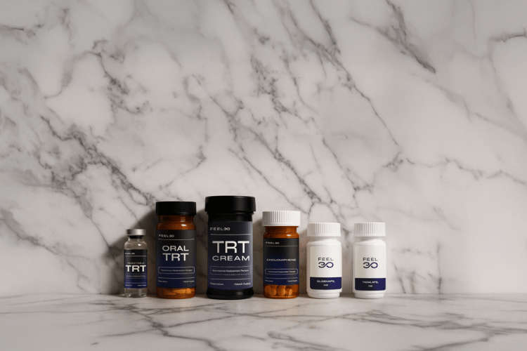 Feel30 testosterone therapy and sexual health products including TRT, Enclomiphene, Sildenafil, and Tadalafil.