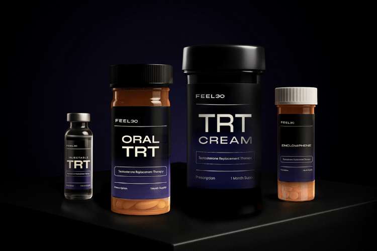 Feel30 testosterone therapy products including injectable TRT, Oral TRT, TRT Cream, and Enclomiphene.