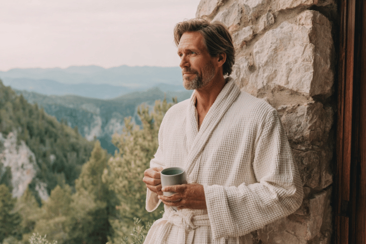 Man in a white robe holding a mug beside a stone wall with mountain views.