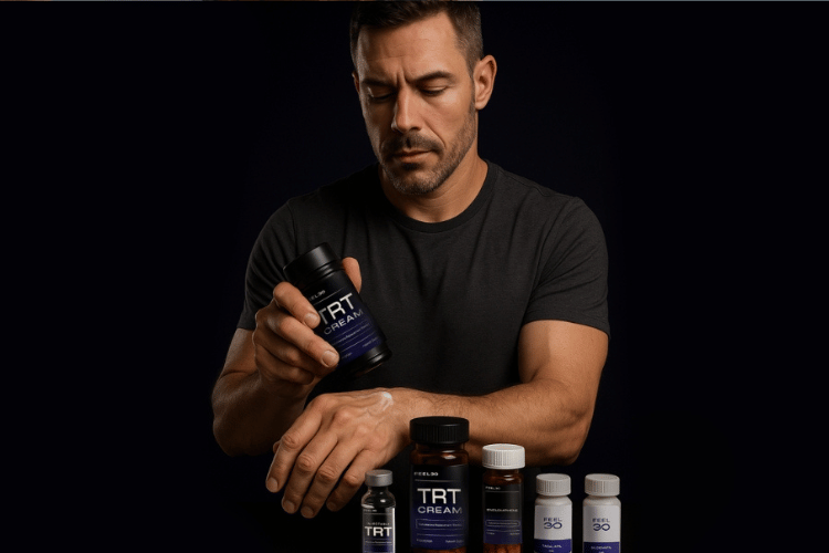 Man holding a TRT cream bottle with testosterone-related medication bottles in front of him, representing medically supervised testosterone therapy and men’s hormone health.