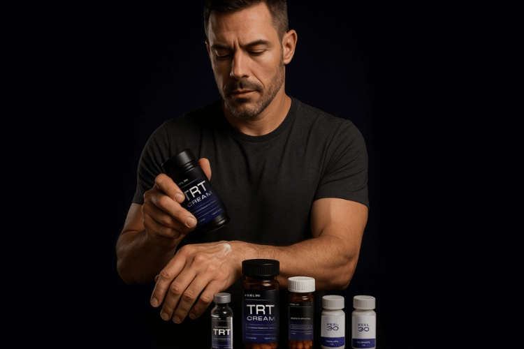 Man looking at testosterone medication and hormone optimization products.
