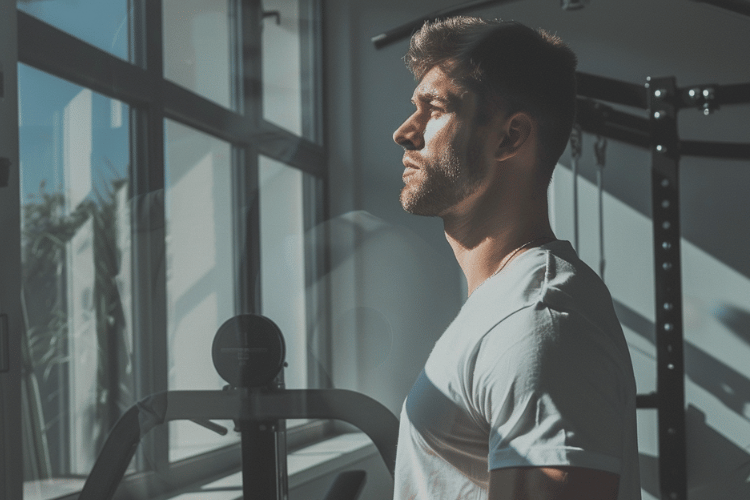 Man standing in a gym illustrating muscle growth, recovery, and body composition goals commonly associated with tesamorelin vs sermorelin.