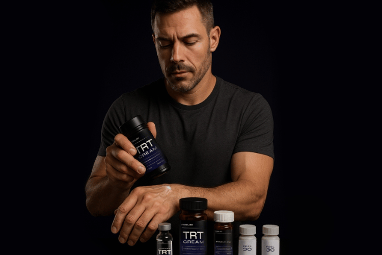Man examining a container of TRT cream alongside testosterone replacement therapy products.