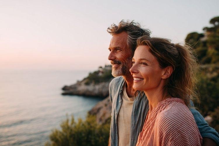 Healthy couple enjoying active aging after addressing individual health factors that affect recovery, body composition, and overall wellness.