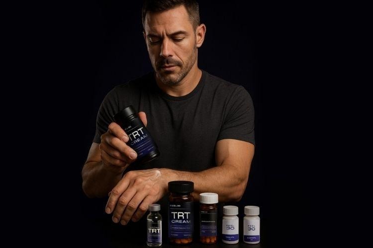 Man reviewing hormone optimization products as part of a personalized sermorelin therapy and men's health plan.