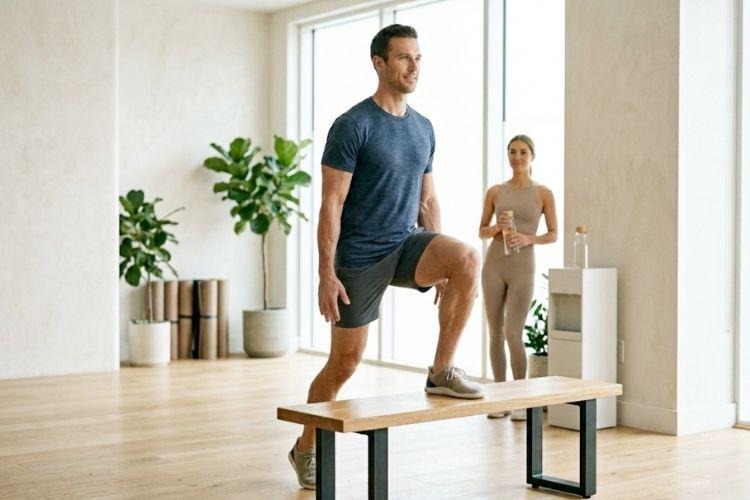 Man exercising with a trainer while learning how testosterone vs estrogen, testosterone in women, and hormonal changes can affect overall health and cardiovascular health.