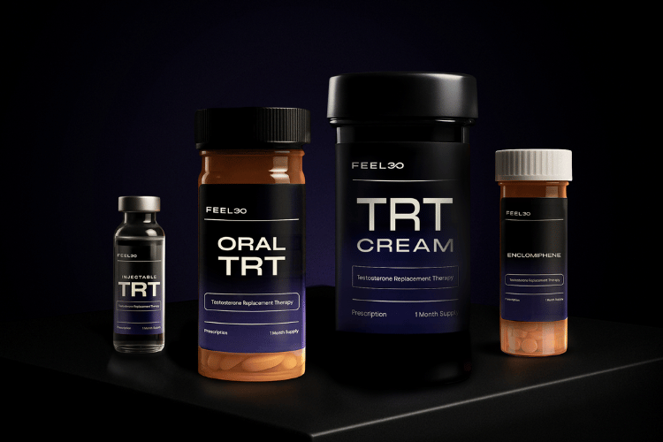 Four Feel30 hormone therapy products displayed on a black surface, including injectable TRT, Oral TRT, TRT cream, and enclomiphene
