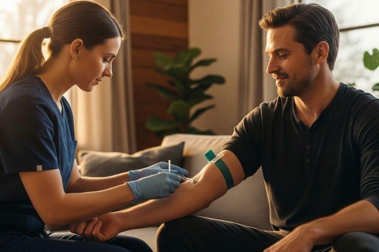 Healthcare provider performing a blood test to monitor testosterone levels during TRT.