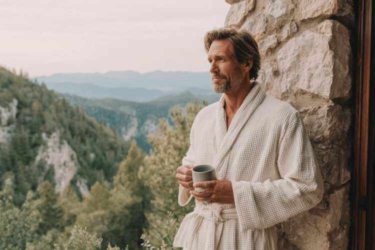 Man enjoying a quiet morning outdoors with a warm drink, highlighting healthy lifestyle factors that support testosterone treatment and overall well-being.