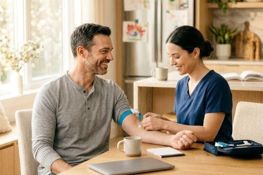Healthcare professional preparing a patient for a blood test with syringe and needle before treatment.