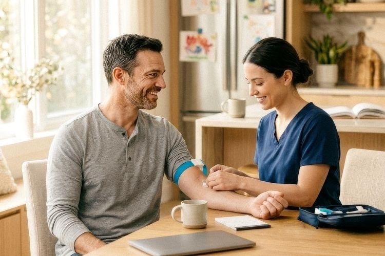 Healthcare professional preparing a patient for a blood test with syringe and needle before treatment