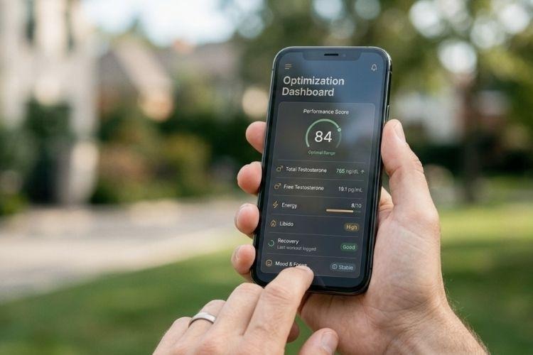 Mobile app showing testosterone treatment progress and hormone monitoring results for TRT patients.