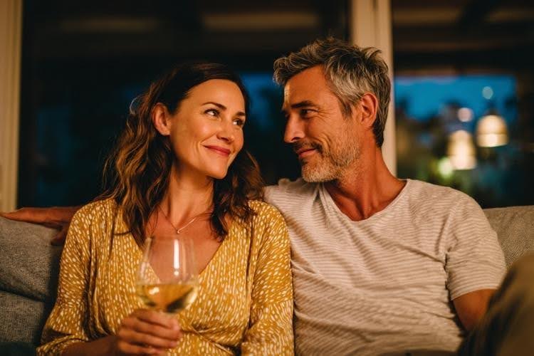 Middle-aged couple sharing an affectionate moment together.