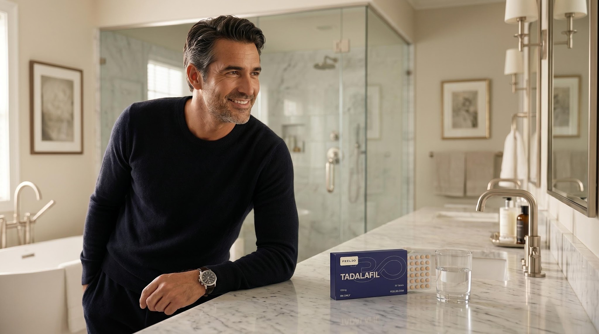 Man standing in bathroom next to a box of tadalafil.