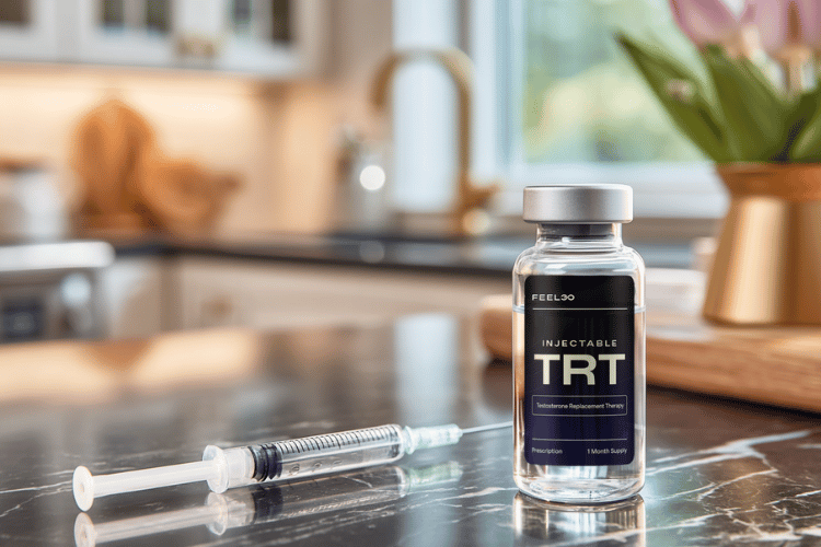 TRT injection vial and syringe on a countertop, representing testosterone replacement therapy for hypogonadal men.