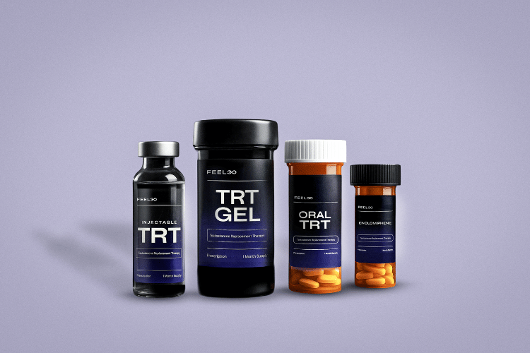 Collection of testosterone replacement therapy products, including injectable TRT (testosterone cypionate), testosterone gel, and oral testosterone treatments.