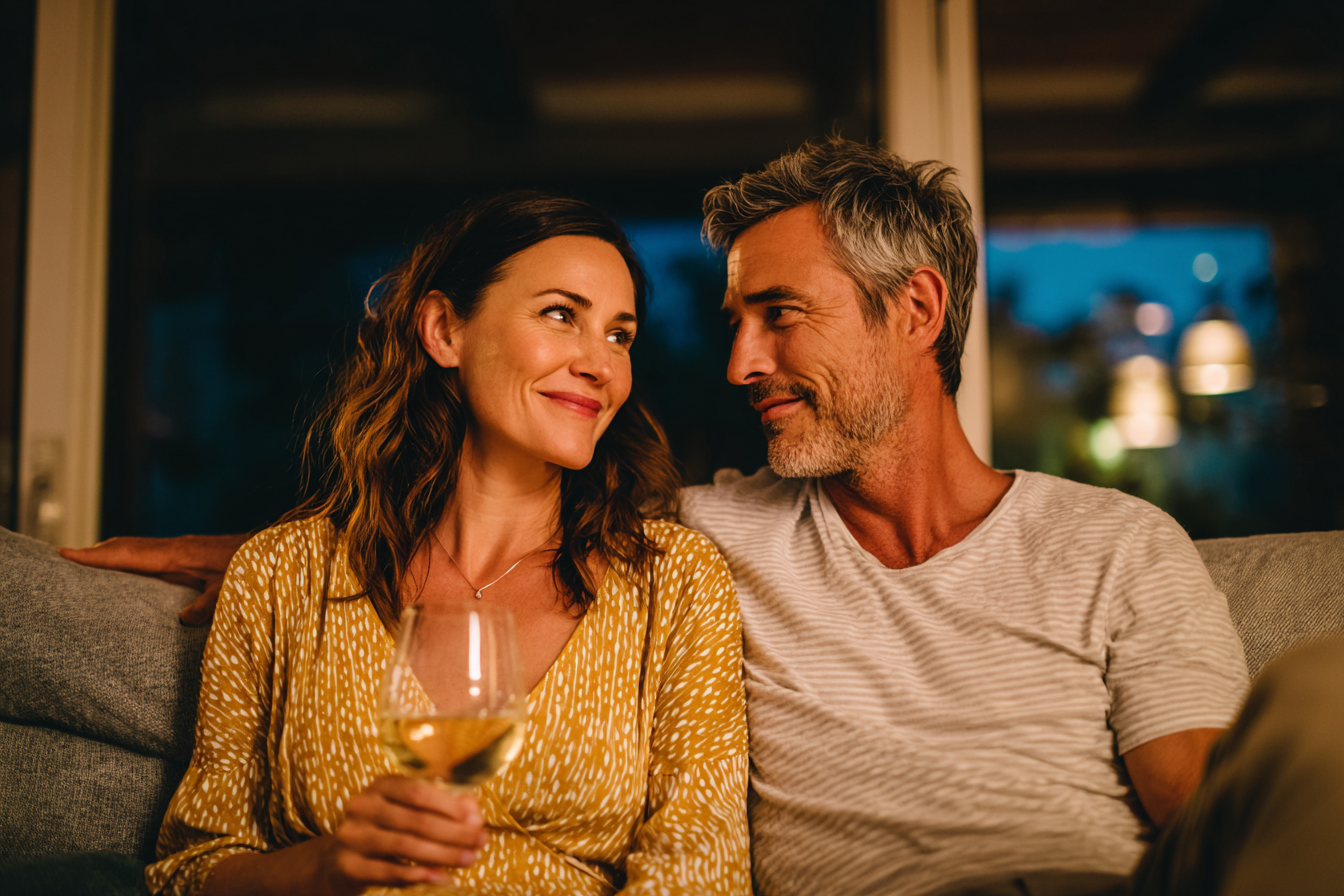 man looking into woman's eyes