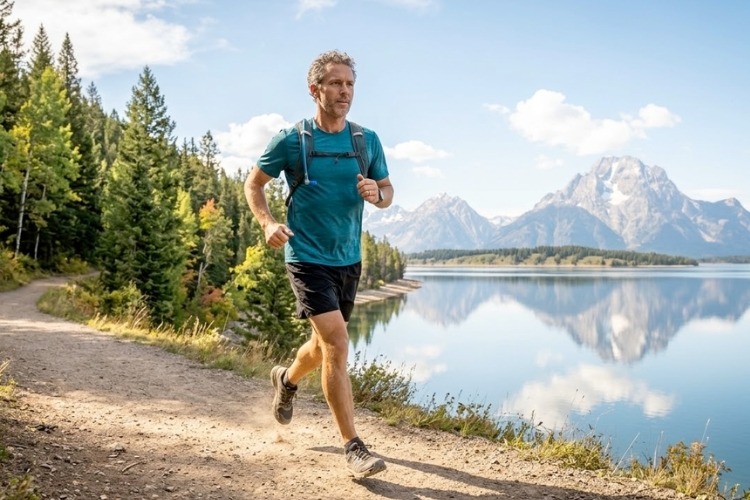 Older man trail running by a mountain lake to maintain strength and fitness after age 60.
