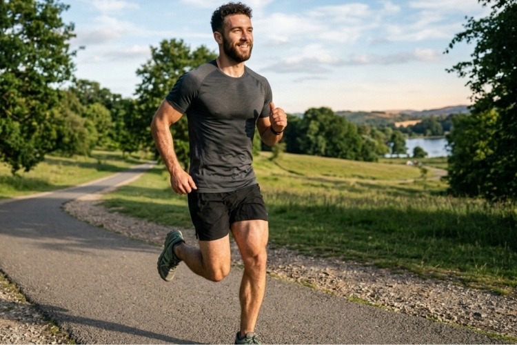 Man running outdoors as part of a fitness program for men over 50.