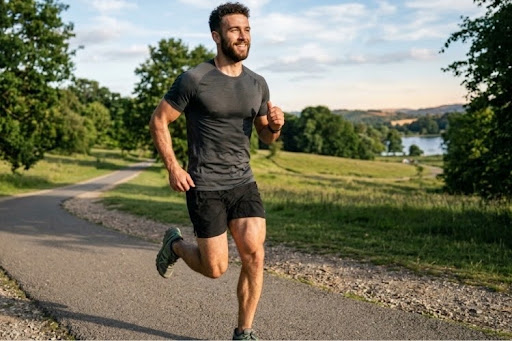 Man running outdoors as part of a fitness program for men over 50.