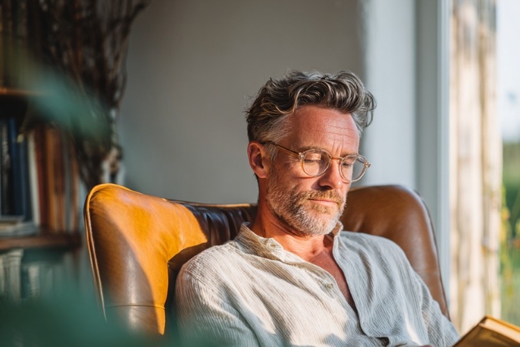 Middle-aged man reading at home to support cognitive health and mental activity.