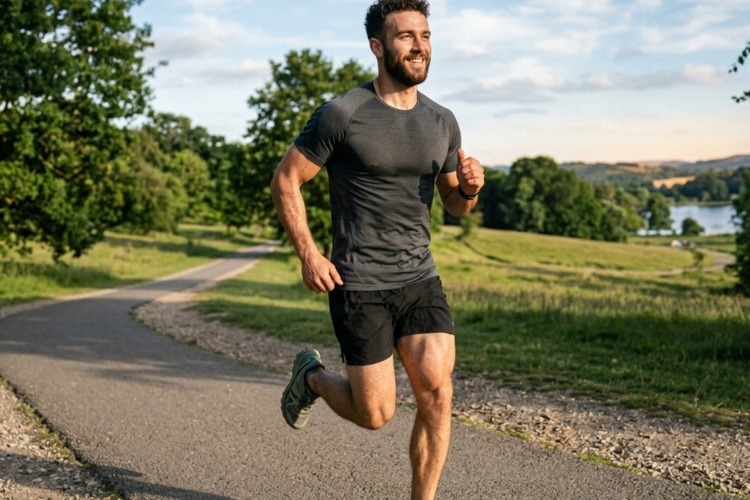 Man running outdoors to support physical fitness and healthy aging.