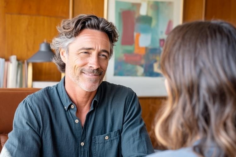 Older man looking at a woman