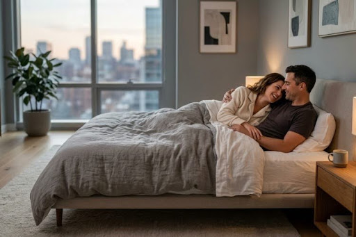Couple relaxing together in bed.