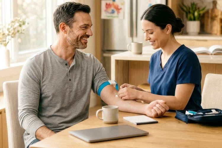 Man having a health check at home.