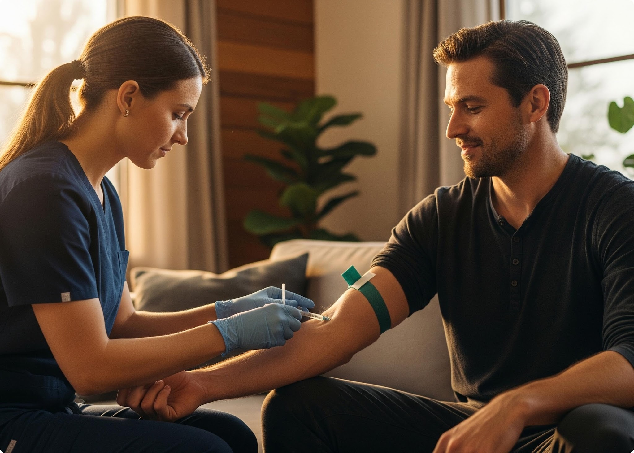 Practitioner drawing blood from a man.
