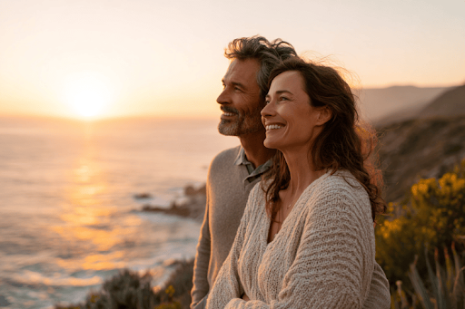 Happy middle-aged couple enjoying a sunset by the ocean.