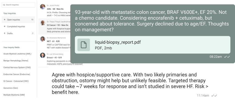 Medical inquiry interface showing a conversation about a 93-year-old with metastatic colon cancer discussing treatment options and management concerns.