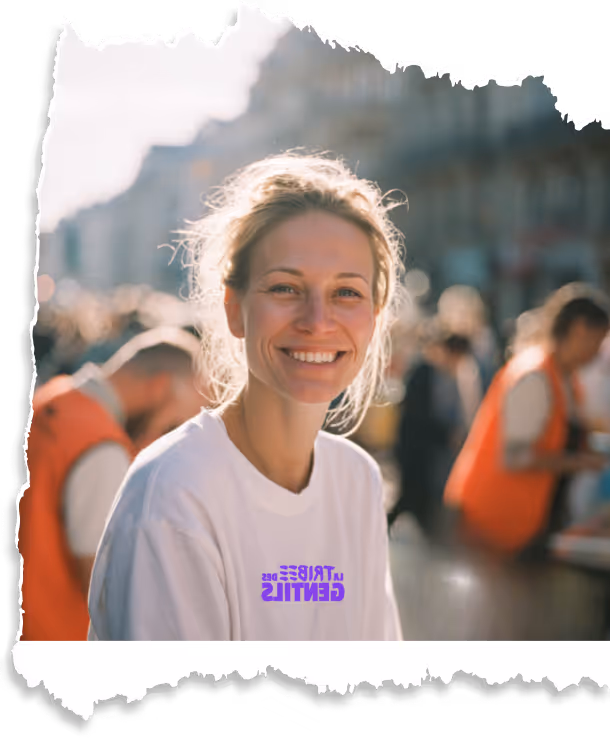 Jeune femme souriante portant un t-shirt blanc, avec un groupe de personnes en arrière-plan flou.