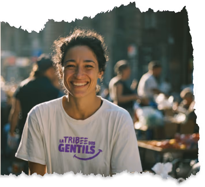 Une femme souriante portant un t-shirt blanc avec le texte violet « La Tribe Des Gentils » sur un marché en plein air.