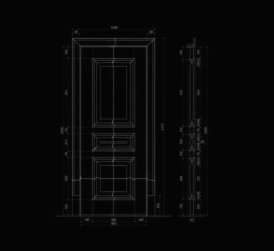 Technical drawing of a door with detailed dimensions and panel designs on a black background.