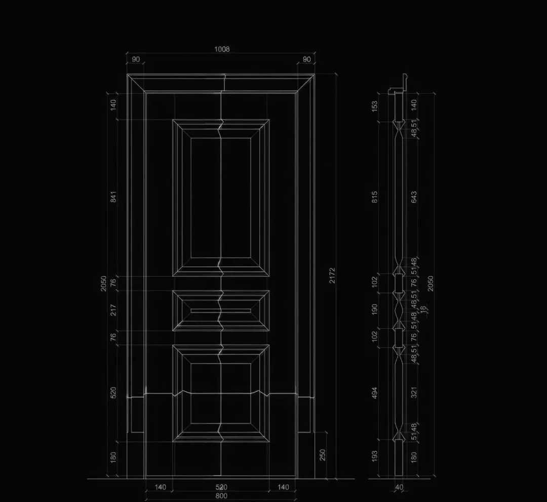 Technical blueprint of a detailed door design with measurements for height, width, and panel dimensions.
