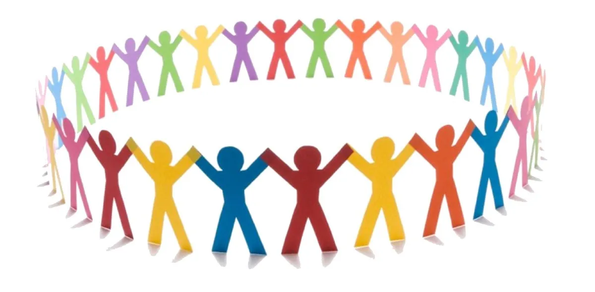 Community of colorful stick figures standing in a circle