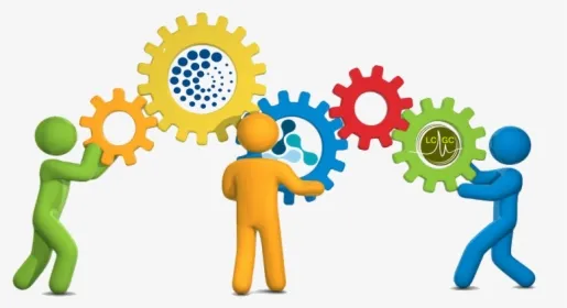 Colorful stick figures connecting gears with teamwork