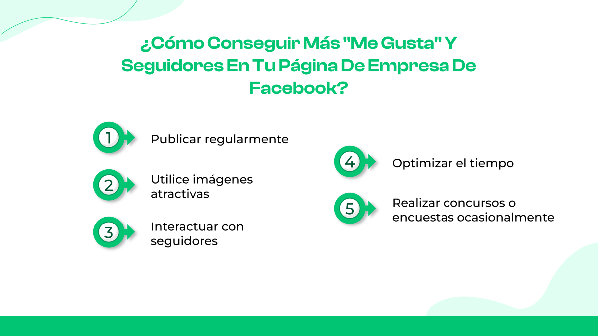 ¿Cómo conseguir más "Me gusta" y seguidores en tu página de empresa de Facebook? 1 Publicar regularmente 4 Optimizar el tiempo 2 Utilice imágenes atractivas 5 Realizar concursos o encuestas ocasionalmente 3 Interactuar con seguidores