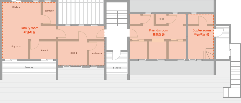 '제주늘보의오후' 2층 객실이 있는 평면도. 패밀리룸, 프렌즈룸, 듀플렉스룸이 있습니다. 'JEJUNEULBO' Floor plan with second floor rooms. Family room, Friends room and duplex room.