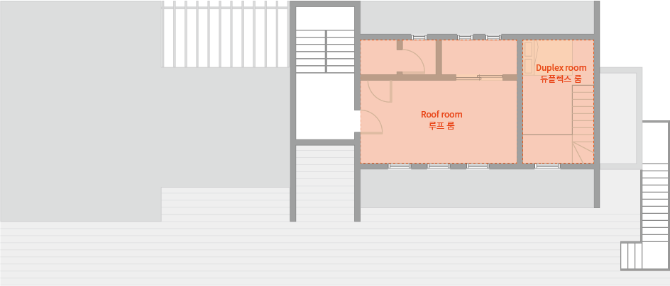 '제주늘보의오후' 3층의 루프룸 객실이 있는 평면도. Floor plan with roof room room on the 3rd floor of 'JEJUNEULBO'.