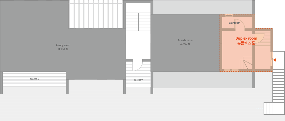 '제주늘보의오후' 듀플렉스룸 시설 도면 이미지. 'JEJUNEULBO' Duplex Room facility drawing image.