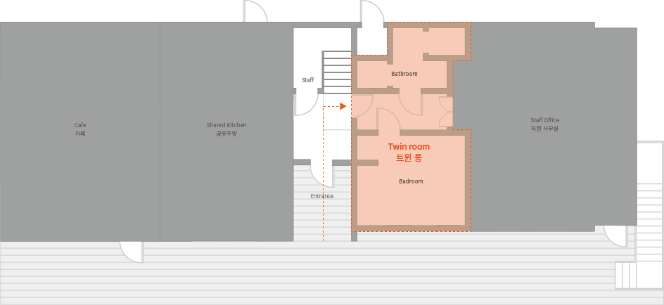"제주늘보의오후' 1층 트윈룸 객실 도면 이미지. 'JEJUNEULBO' Twin Room room drawing image on the first floor.