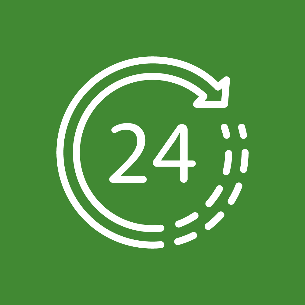 Hvitt symbol med en pil som danner en sirkel rundt tallet 24 på grønn bakgrunn, som indikerer åpen 24 timer.