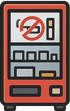 Rød automat med flere hyller med fargede bokser og knapper for valg.